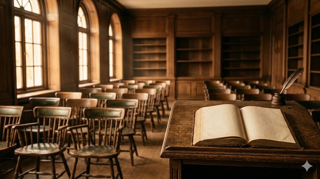 An empty 19th-century lecture room with rows of wooden chairs and a small lectern — representative of the Filson's program spaces.